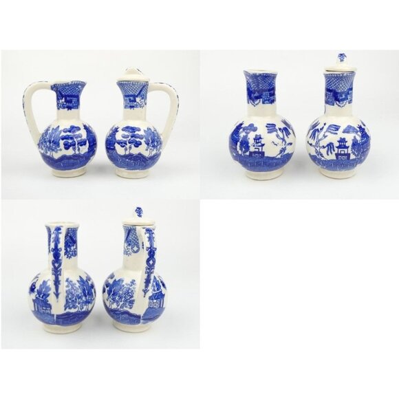 Set Of 2 Vintage Blue & White Ceramic Oil & Vinegar Cruet Pitchers With 1 Lid - Picture 2 of 16